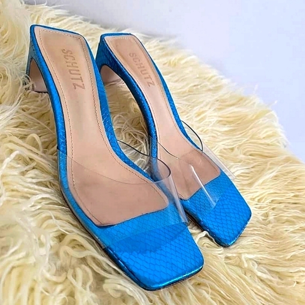 Schutz Onoria Transparent Blue Leather Slip on Slippers Size 7B 🌴